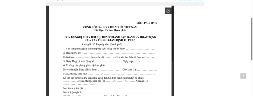 MẪU ĐƠN ĐỀ NGHỊ THAY ĐỔI NỘI DUNG THÀNH LẬP, ĐĂNG KÝ HOẠT ĐỘNG CỦA VĂN PHÒNG GIÁM ĐỊNH TƯ PHÁP