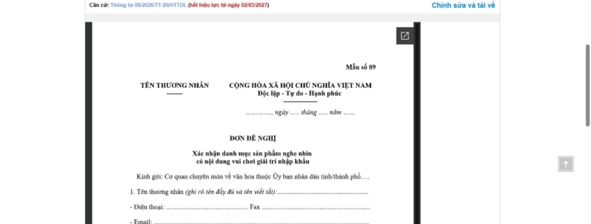 MẪU ĐƠN ĐỀ NGHỊ XÁC NHẬN DANH MỤC SẢN PHẨM NGHE NHÌN CÓ NỘI DUNG VUI CHƠI GIẢI TRÍ NHẬP KHẨU