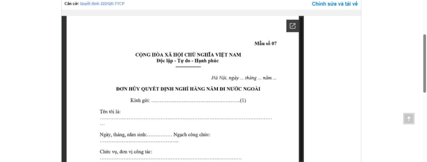 MẪU ĐƠN HỦY QUYẾT ĐỊNH NGHỈ HẰNG NĂM ĐI NƯỚC NGOÀI ĐỐI VỚI CÔNG CHỨC, VIÊN CHỨC VÀ NGƯỜI LAO ĐỘNG THUỘC THANH TRA CHÍNH PHỦ