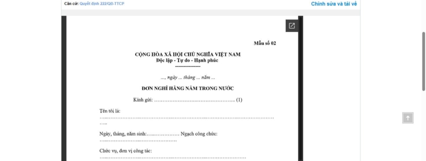 MẪU ĐƠN NGHỈ HẰNG NĂM TRONG NƯỚC ĐỐI VỚI CÔNG CHỨC, VIÊN CHỨC VÀ NGƯỜI LAO ĐỘNG THUỘC THANH TRA CHÍNH PHỦ