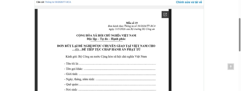 MẪU ĐƠN RÚT LẠI ĐỀ NGHỊ ĐƯỢC CHUYỂN GIAO TẠI VIỆT NAM CHO NƯỚC NGOÀI ĐỂ TIẾP TỤC CHẤP HÀNH ÁN PHẠT TÙ