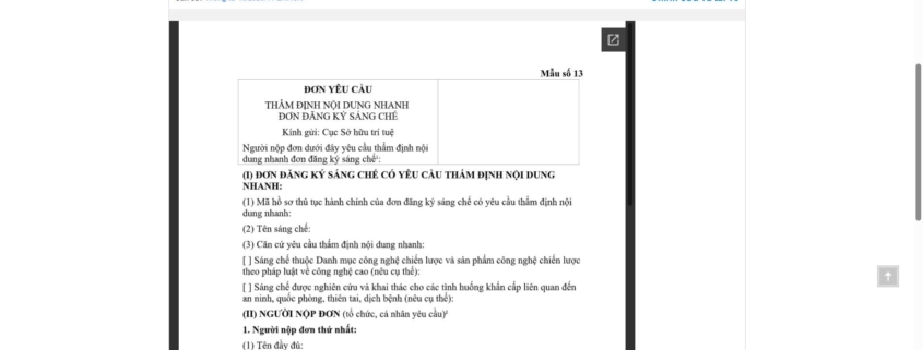 MẪU ĐƠN YÊU CẦU THẨM ĐỊNH NỘI DUNG NHANH ĐƠN ĐĂNG KÝ SÁNG CHẾ