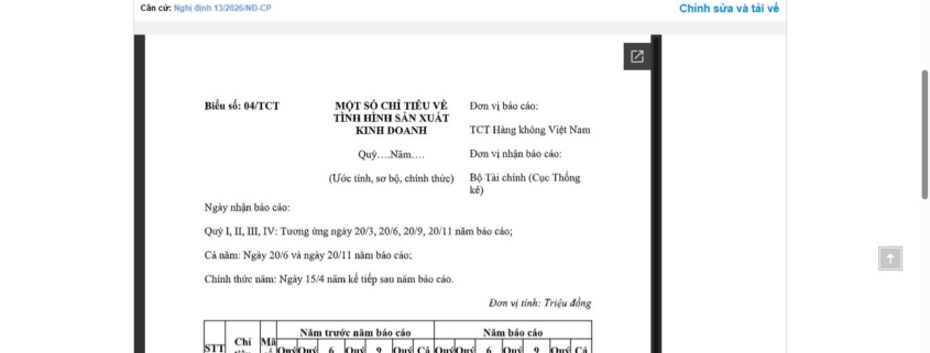 MẪU BÁO CÁO MỘT SỐ CHỈ TIÊU VỀ TÌNH HÌNH SẢN XUẤT KINH DOANH CỦA TỔNG CÔNG TY HÀNG KHÔNG VIỆT NAM