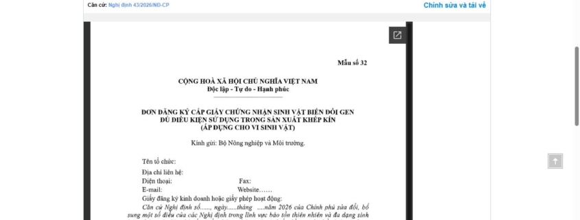 MẪU ĐƠN ĐĂNG KÝ CẤP GIẤY CHỨNG NHẬN SINH VẬT BIẾN ĐỔI GEN ĐỦ ĐIỀU KIỆN SỬ DỤNG TRONG SẢN XUẤT KHÉP KÍN (ÁP DỤNG CHO VI SINH VẬT)