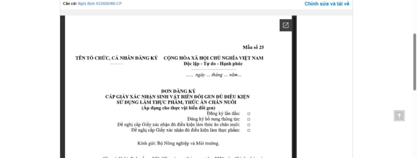 MẪU ĐƠN ĐĂNG KÝ CẤP GIẤY XÁC NHẬN SINH VẬT BIẾN ĐỔI GEN ĐỦ ĐIỀU KIỆN SỬ DỤNG LÀM THỰC PHẨM, THỨC ĂN CHĂN NUÔI (ÁP DỤNG CHO THỰC VẬT BIẾN ĐỔI GEN)