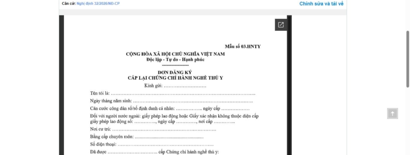 MẪU ĐƠN ĐĂNG KÝ CẤP LẠI CHỨNG CHỈ HÀNH NGHỀ THÚ Y