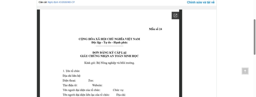 MẪU ĐƠN ĐĂNG KÝ CẤP LẠI GIẤY CHỨNG NHẬN AN TOÀN SINH HỌC (ĐỐI VỚI KHẢO NGHIỆM SINH VẬT BIẾN ĐỔI GEN)