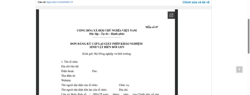 MẪU ĐƠN ĐĂNG KÝ CẤP LẠI GIẤY PHÉP KHẢO NGHIỆM SINH VẬT BIẾN ĐỔI GEN