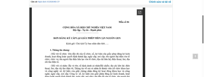 MẪU ĐƠN ĐĂNG KÝ CẤP LẠI GIẤY PHÉP TIẾP CẬN NGUỒN GEN