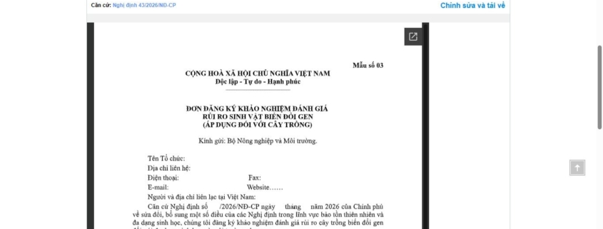 MẪU ĐƠN ĐĂNG KÝ KHẢO NGHIỆM ĐÁNH GIÁ RỦI RO SINH VẬT BIẾN ĐỔI GEN (ÁP DỤNG ĐỐI VỚI CÂY TRỒNG)