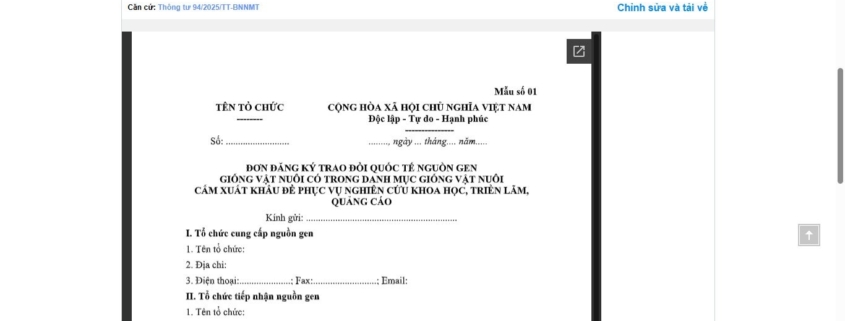 MẪU ĐƠN ĐĂNG KÝ TRAO ĐỔI QUỐC TẾ NGUỒN GEN GIỐNG VẬT NUÔI CÓ TRONG DANH MỤC GIỐNG VẬT NUÔI CẤM XUẤT KHẨU ĐỂ PHỤC VỤ NGHIÊN CỨU KHOA HỌC, TRIỂN LÃM, QUẢNG CÁO