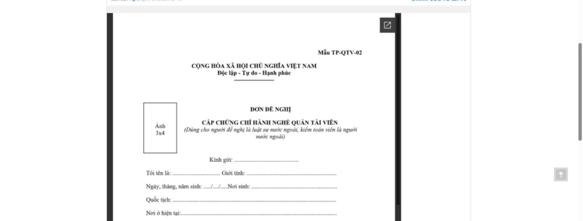 MẪU ĐƠN ĐỀ NGHỊ CẤP CHỨNG CHỈ HÀNH NGHỀ QUẢN TÀI VIÊN (DÙNG CHO NGƯỜI ĐỀ NGHỊ LÀ LUẬT SƯ NƯỚC NGOÀI, KIỂM TOÁN VIÊN LÀ NGƯỜI NƯỚC NGOÀI)