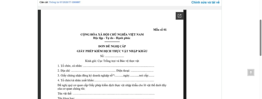 MẪU ĐƠN ĐỀ NGHỊ CẤP GIẤY PHÉP KIỂM DỊCH THỰC VẬT NHẬP KHẨU