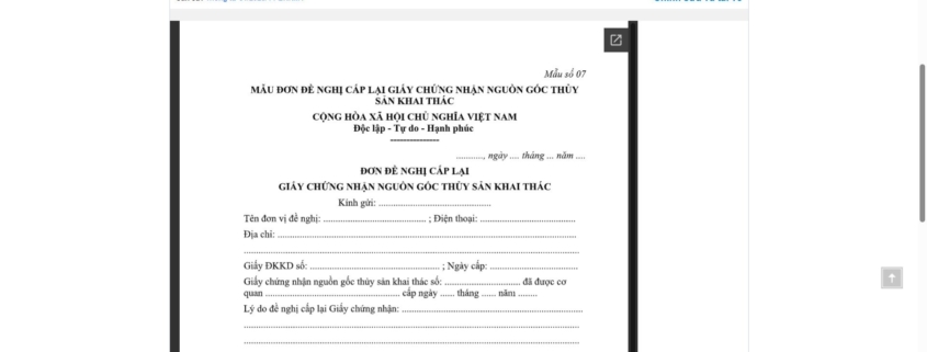 MẪU ĐƠN ĐỀ NGHỊ CẤP LẠI GIẤY CHỨNG NHẬN NGUỒN GỐC THỦY SẢN KHAI THÁC