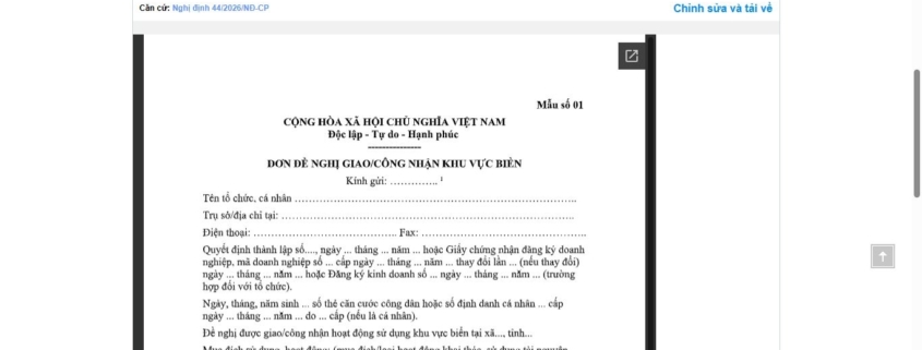 MẪU ĐƠN ĐỀ NGHỊ GIAO/CÔNG NHẬN KHU VỰC BIỂN