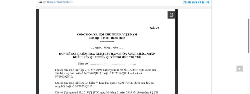 MẪU ĐƠN ĐỀ NGHỊ KIỂM TRA, GIÁM SÁT HÀNG HÓA XUẤT KHẨU, NHẬP KHẨU LIÊN QUAN ĐẾN QUYỀN SỞ HỮU TRÍ TUỆ