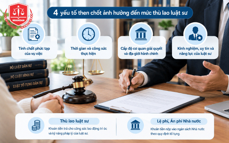 4 yếu tố chính ảnh hưởng đến mức thù lao luật sư và các khoản phí pháp lý liên quan.