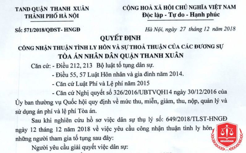Mẫu đơn quyết định công nhận thuận tình ly hôn  