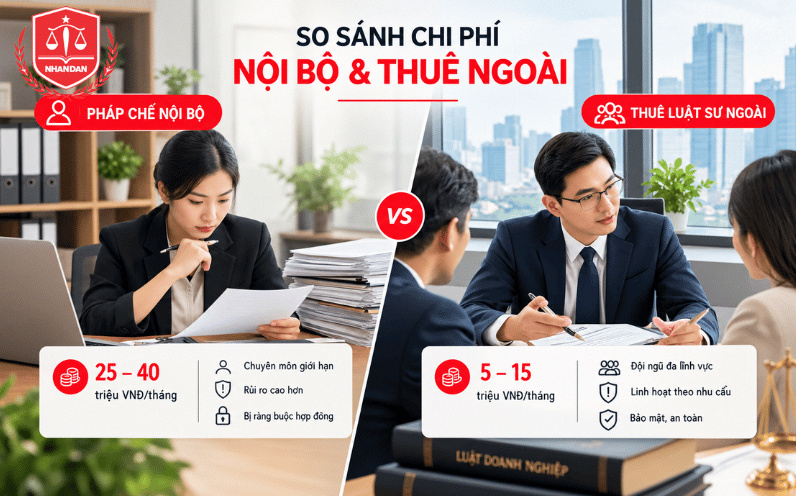 Dịch Vụ Thuê Luật Sư Doanh Nghiệp Tại Hà Nội Uy Tín 7 So sánh chi phí và hiệu quả vận hành giữa nhân viên pháp chế nội bộ (25–40 triệu VNĐ/tháng) và dịch vụ thuê luật sư doanh nghiệp ngoài (5–15 triệu VNĐ/tháng).