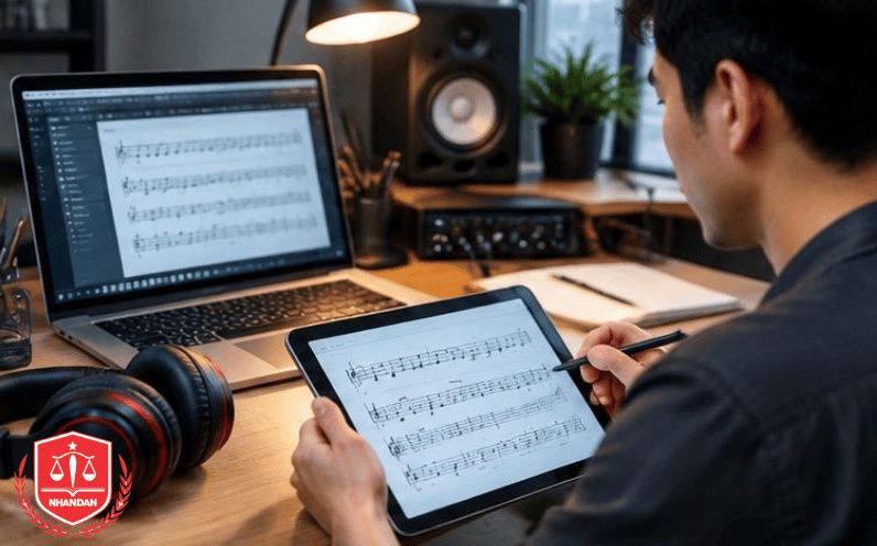 Nhạc sĩ sử dụng phần mềm chuyên dụng để soạn thảo bản ký âm chính xác theo quy chuẩn.
