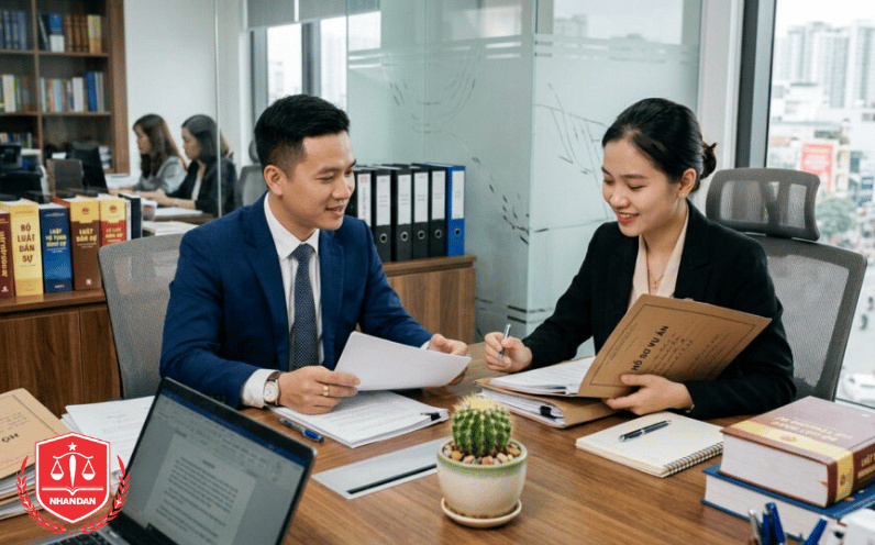 Dịch Vụ Giải Quyết Tranh Chấp Nhãn Hiệu Uy Tín Và Hiệu Quả 9 Luật sư họp bàn chiến lược bảo vệ thân chủ.