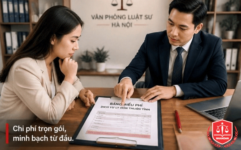 Dịch Vụ Ly Hôn Thuận Tình Hà Nội Trọn Gói Nhanh Ra Tòa 1 Lần 3 Khách hàng được tư vấn minh bạch về biểu phí và ký hợp đồng dịch vụ pháp lý trọn gói tại văn phòng luật sư.