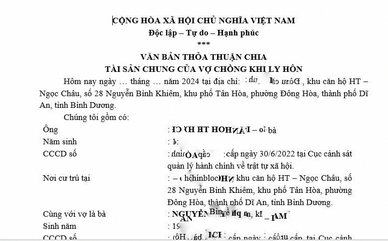 Mẫu văn bản thỏa thuận phân chia tài sản chung.