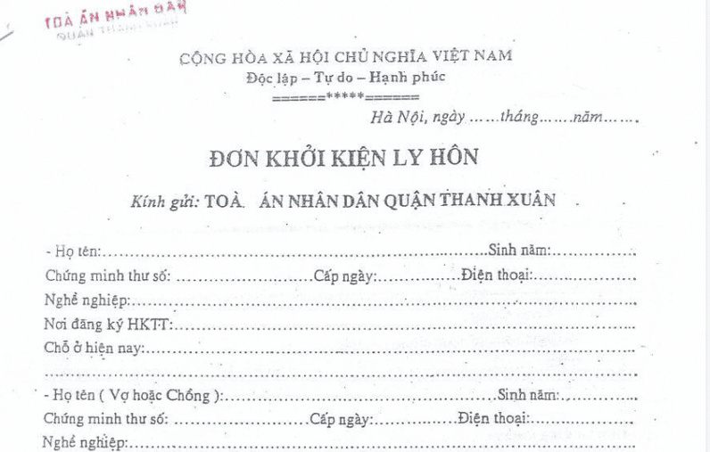 Mẫu đơn khởi kiện ly hôn.