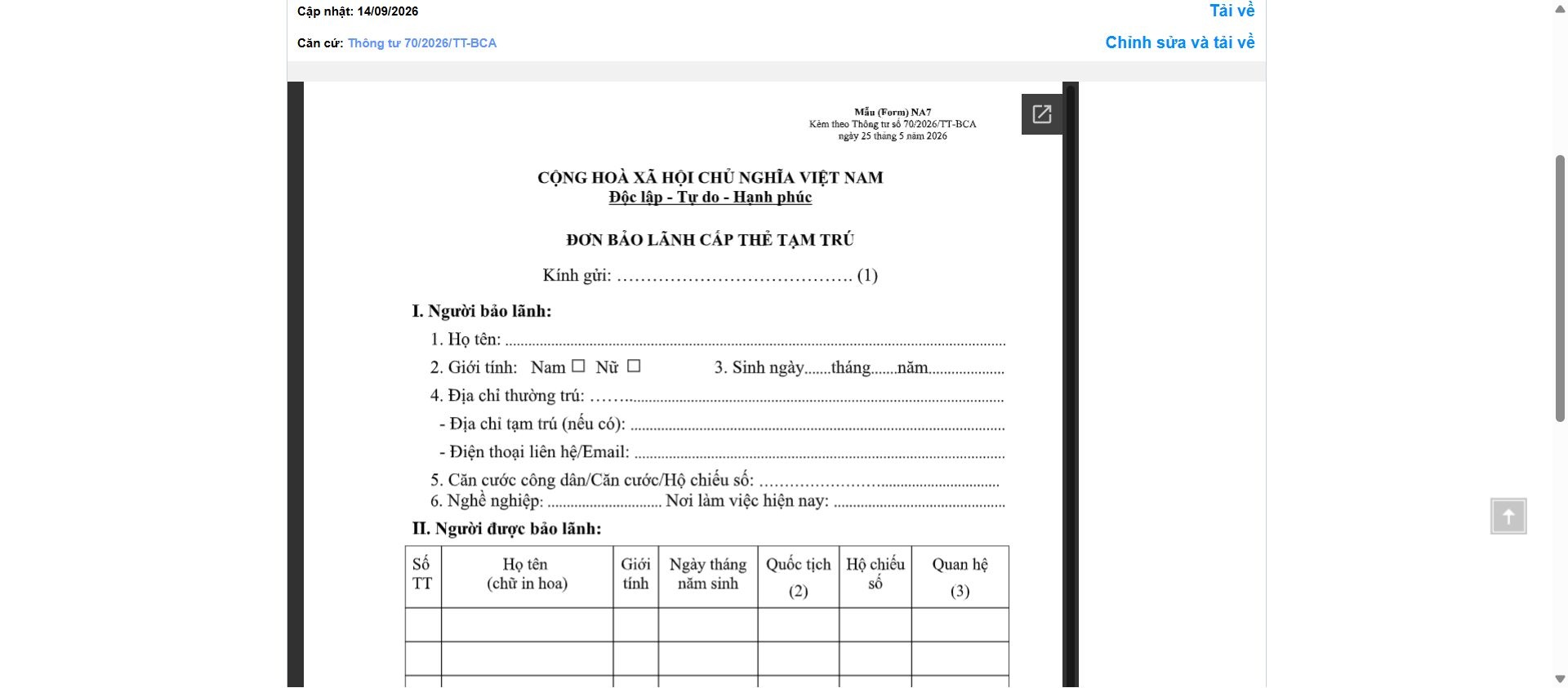 Hình ảnh xem trước Mẫu Đơn Bảo Lãnh Cấp Thẻ Tạm Trú Cho Người Nước Ngoài