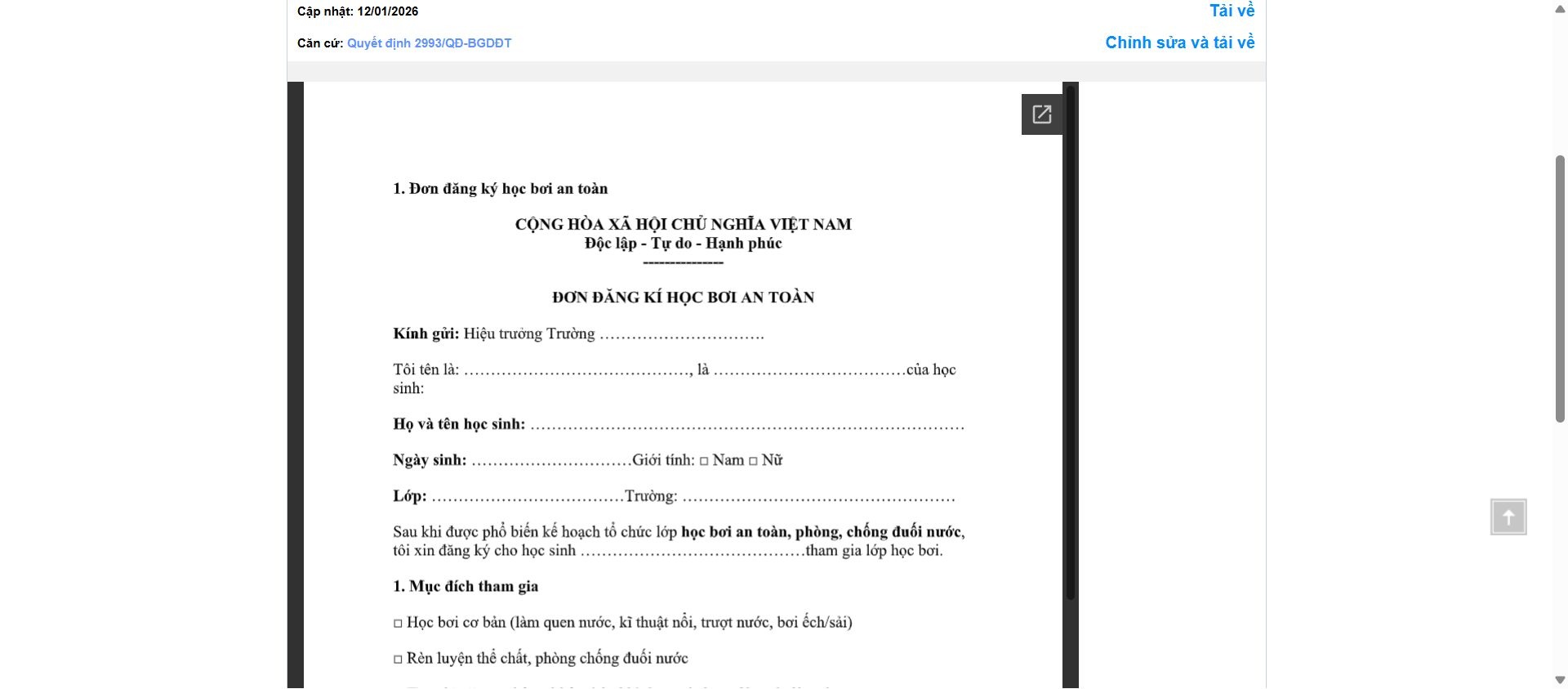 Hình ảnh xem trước Mẫu Đơn Đăng Kí Học Bơi An Toàn