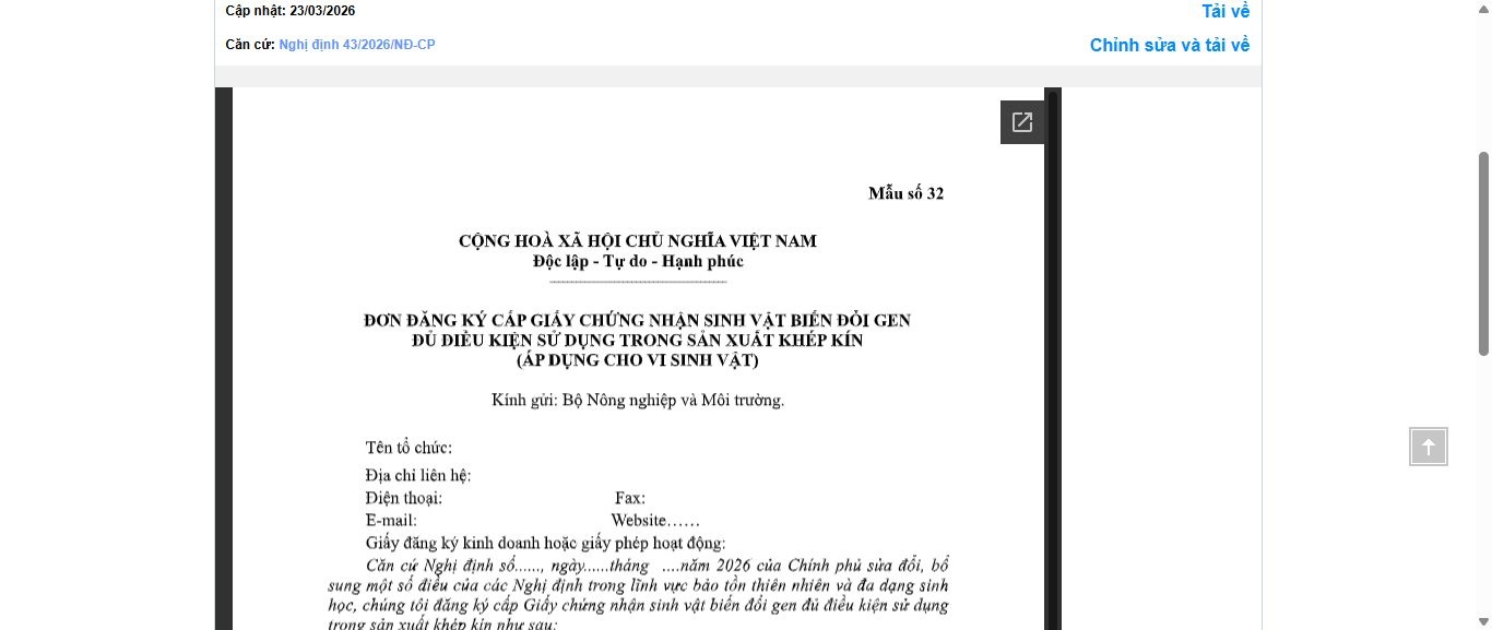 Hình ảnh xem trước Mẫu Đơn Đăng Ký Cấp Giấy Chứng Nhận Sinh Vật Biến Đổi Gen Đủ Điều Kiện Sử Dụng Trong Sản Xuất Khép Kín (Áp Dụng Cho Vi Sinh Vật)