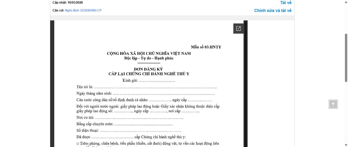 Hình ảnh xem trước Mẫu Đơn Đăng Ký Cấp Lại Chứng Chỉ Hành Nghề Thú Y