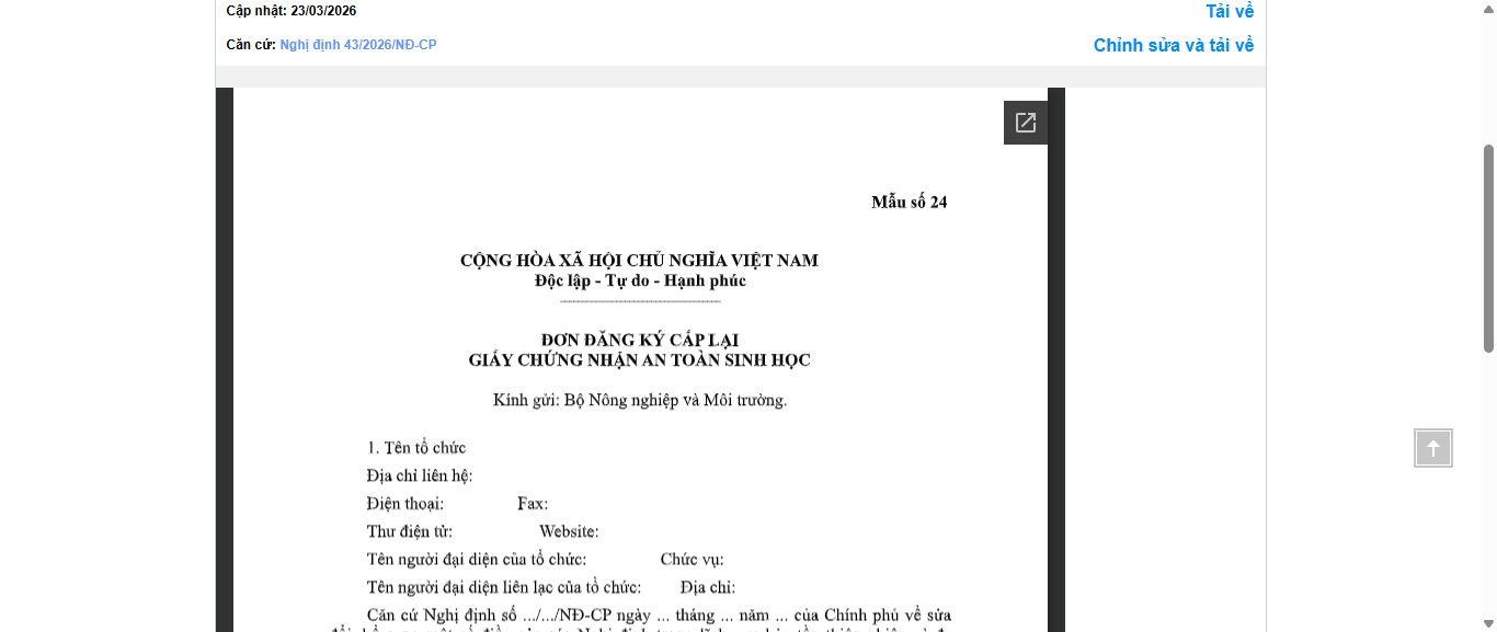 Hình ảnh xem trước Mẫu Đơn Đăng Ký Cấp Lại Giấy Chứng Nhận An Toàn Sinh Học (Đối Với Khảo Nghiệm Sinh Vật Biến Đổi Gen)