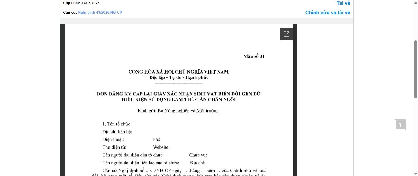 Hình ảnh xem trước Mẫu Đơn Đăng Ký Cấp Lại Giấy Xác Nhận Sinh Vật Biến Đổi Gen Đủ Điều Kiện Sử Dụng Làm Thức Ăn Chăn Nuôi