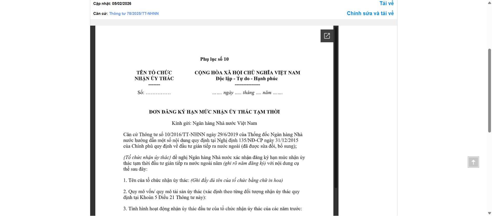 Hình ảnh xem trước Mẫu Đơn Đăng Ký Hạn Mức Nhận Ủy Thác Tạm Thời Của Ngân Hàng Nhà Nước