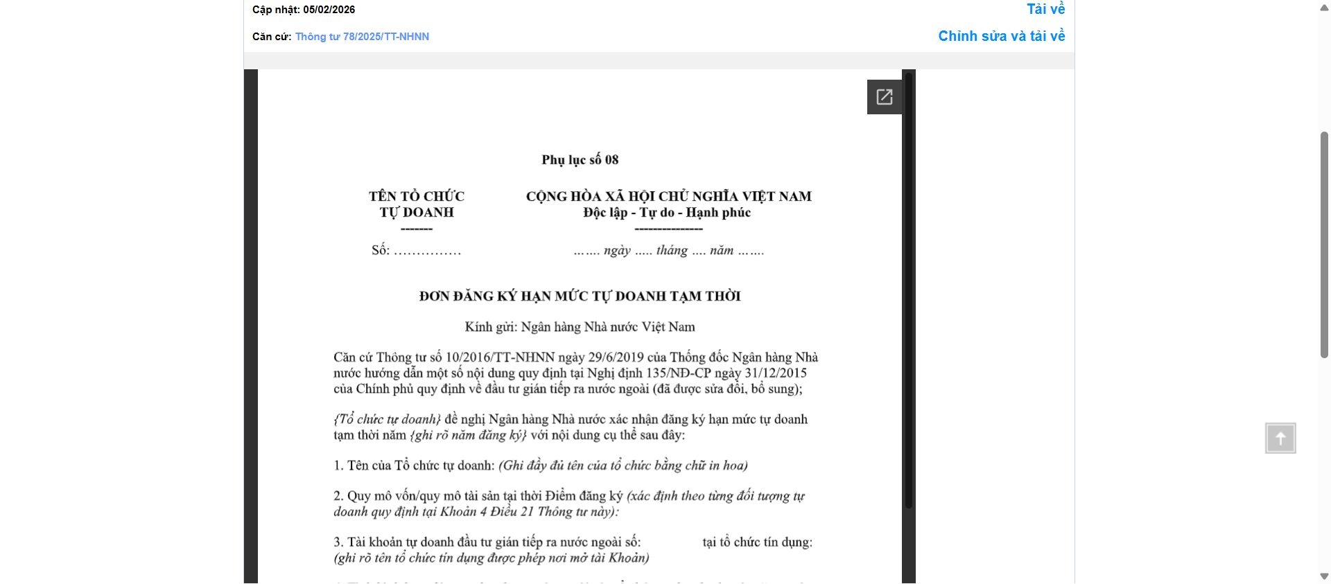 Hình ảnh xem trước Mẫu Đơn Đăng Ký Hạn Mức Tự Doanh Tạm Thời Của Ngân Hàng Nhà Nước
