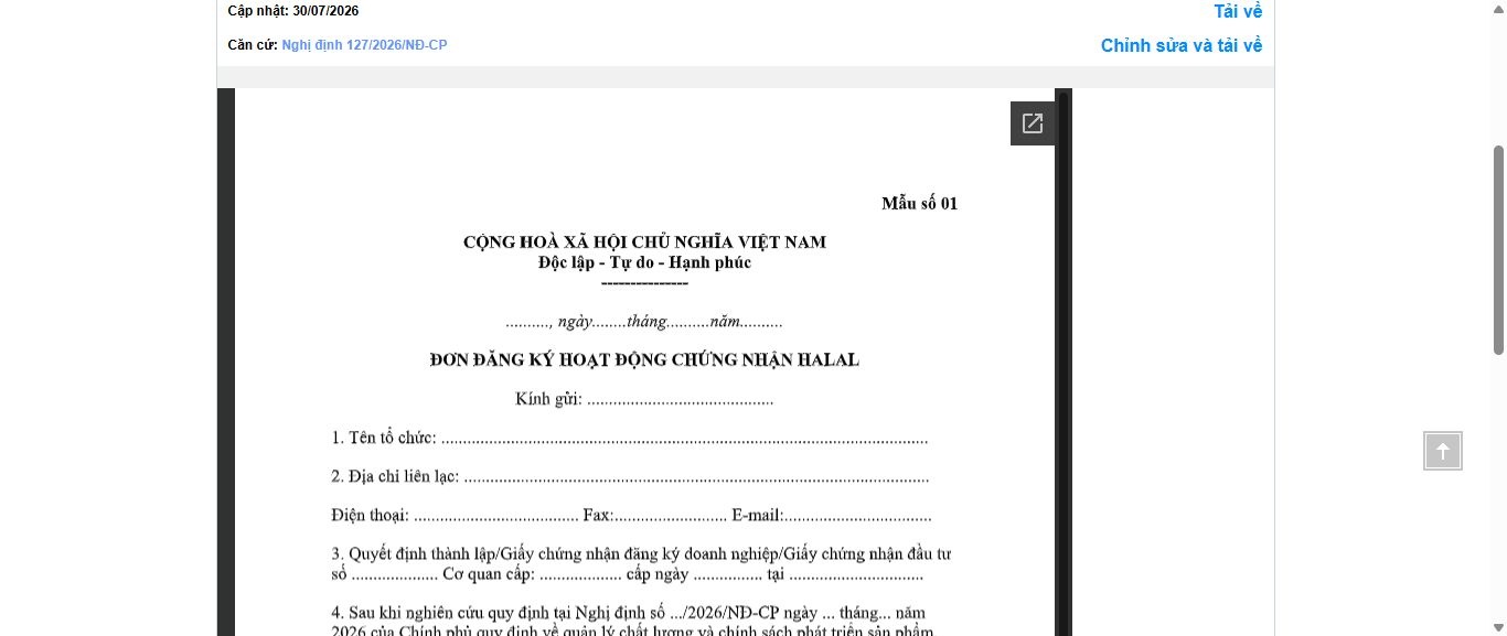 Hình ảnh xem trước Mẫu Đơn Đăng Ký Hoạt Động Chứng Nhận Halal