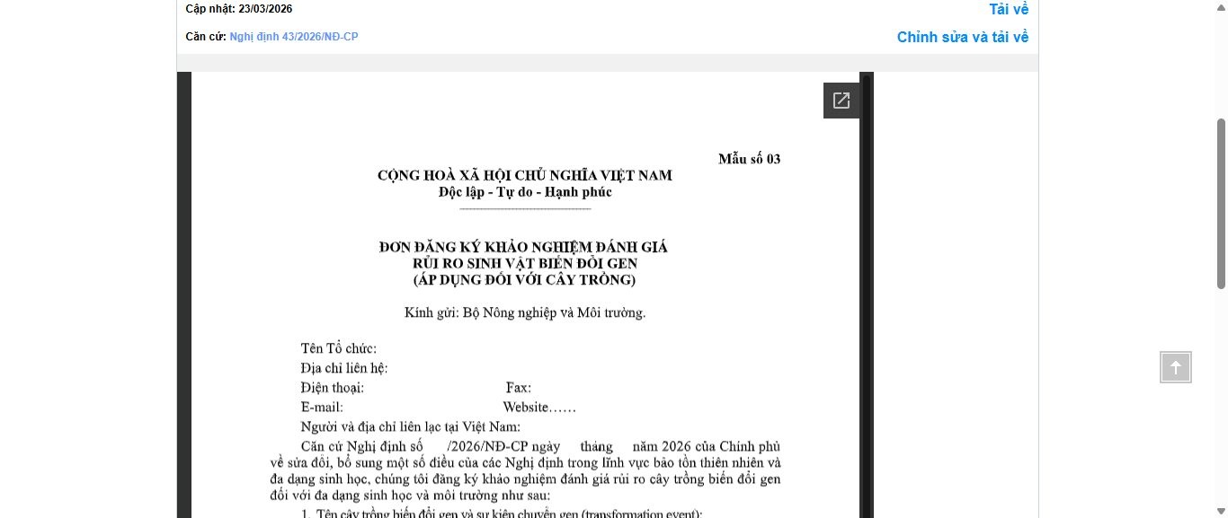 Hình ảnh xem trước Mẫu Đơn Đăng Ký Khảo Nghiệm Đánh Giá Rủi Ro Sinh Vật Biến Đổi Gen (Áp Dụng Đối Với Cây Trồng)