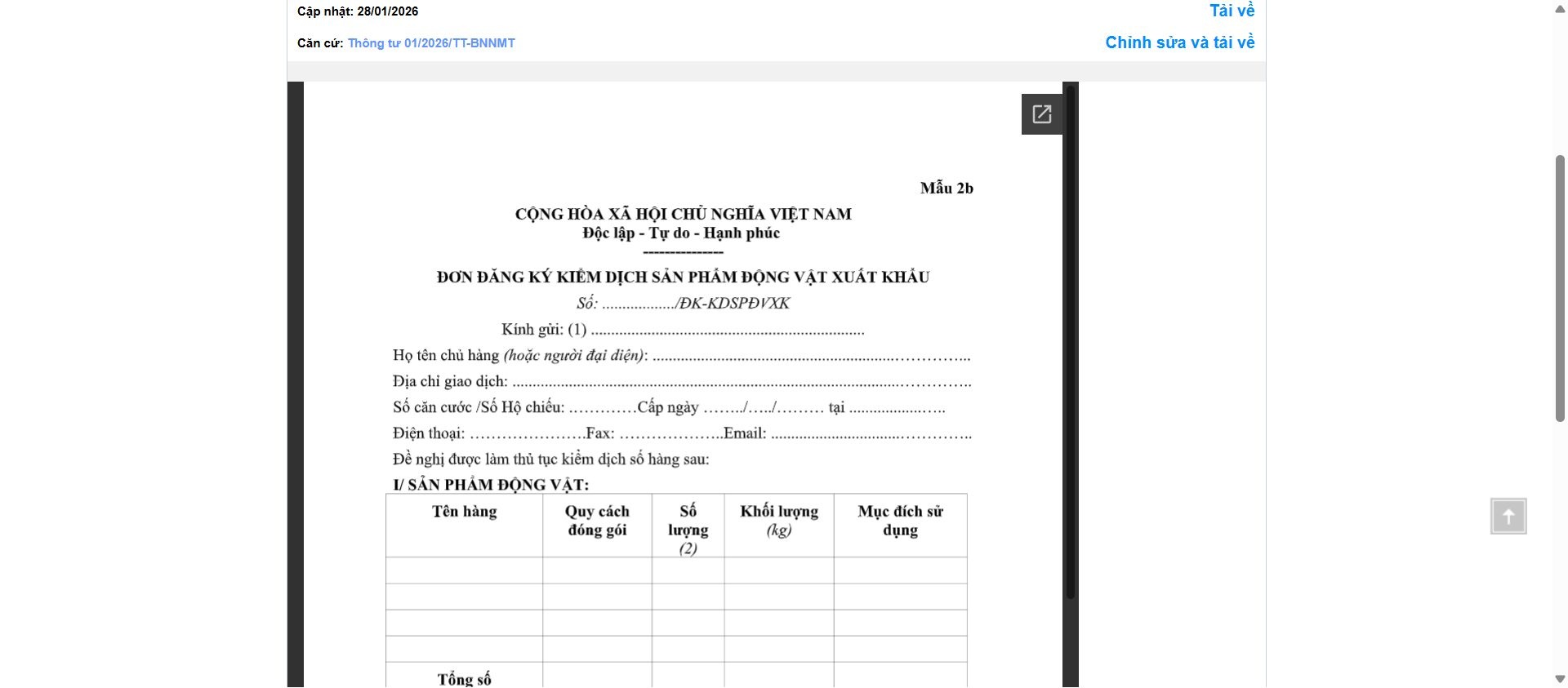 Hình ảnh xem trước Mẫu Đơn Đăng Ký Kiểm Dịch Sản Phẩm Động Vật Xuất Khẩu (Đối Với Động Vật Trên Cạn)