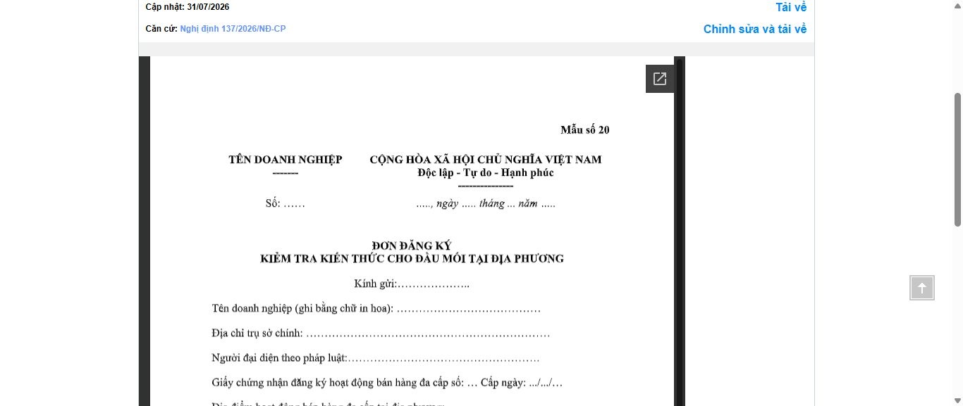 Hình ảnh xem trước Mẫu Đơn Đăng Ký Kiểm Tra Kiến Thức Cho Đầu Mối Tại Địa Phương (Đối Với Hoạt Động Bán Hàng Đa Cấp)