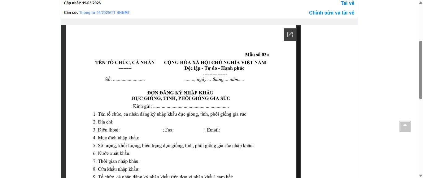 Hình ảnh xem trước Mẫu Đơn Đăng Ký Nhập Khẩu Đực Giống, Tinh, Phôi Giống Gia Súc