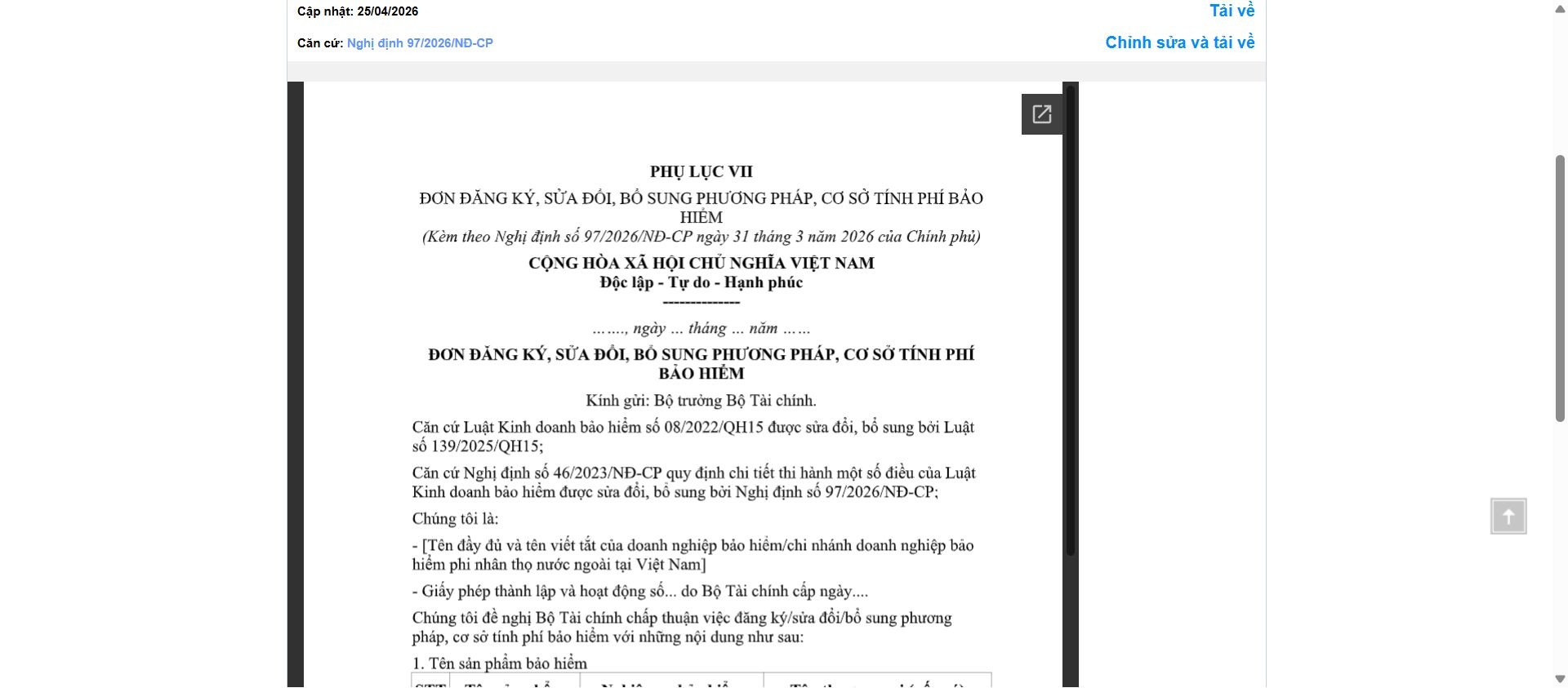 Hình ảnh xem trước Mẫu Đơn Đăng Ký, Sửa Đổi, Bổ Sung Phương Pháp, Cơ Sở Tính Phí Bảo Hiểm