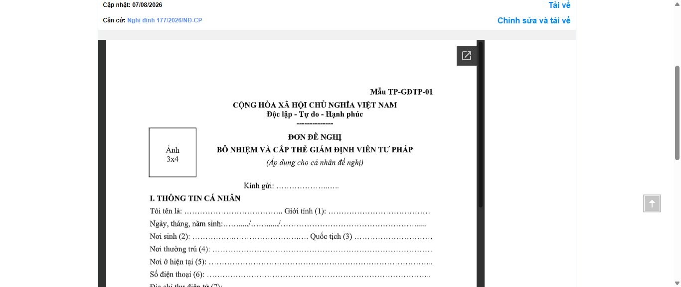 Hình ảnh xem trước Mẫu Đơn Đề Nghị Bổ Nhiệm Và Cấp Thẻ Giám Định Viên Tư Pháp (Áp Dụng Cho Cá Nhân Đề Nghị)