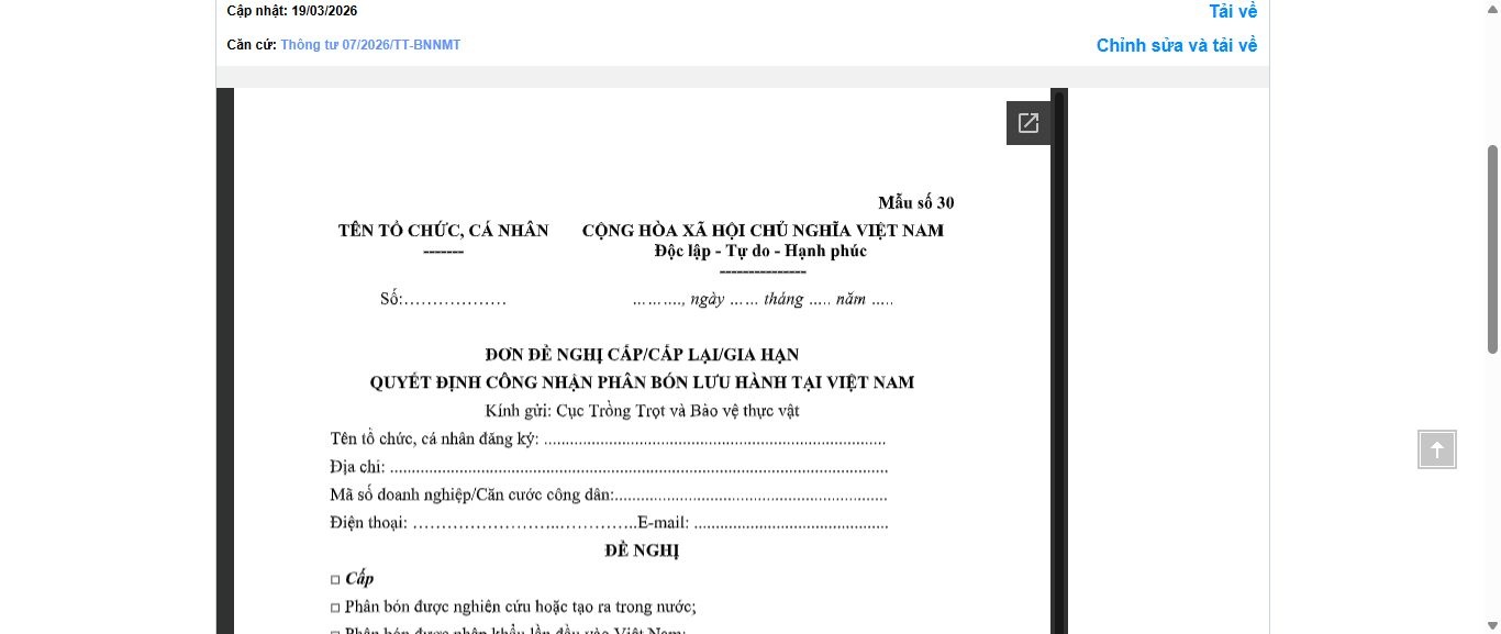 Hình ảnh xem trước Mẫu Đơn Đề Nghị Cấp/cấp Lại/gia Hạn Quyết Định Công Nhận Phân Bón Lưu Hành Tại Việt Nam
