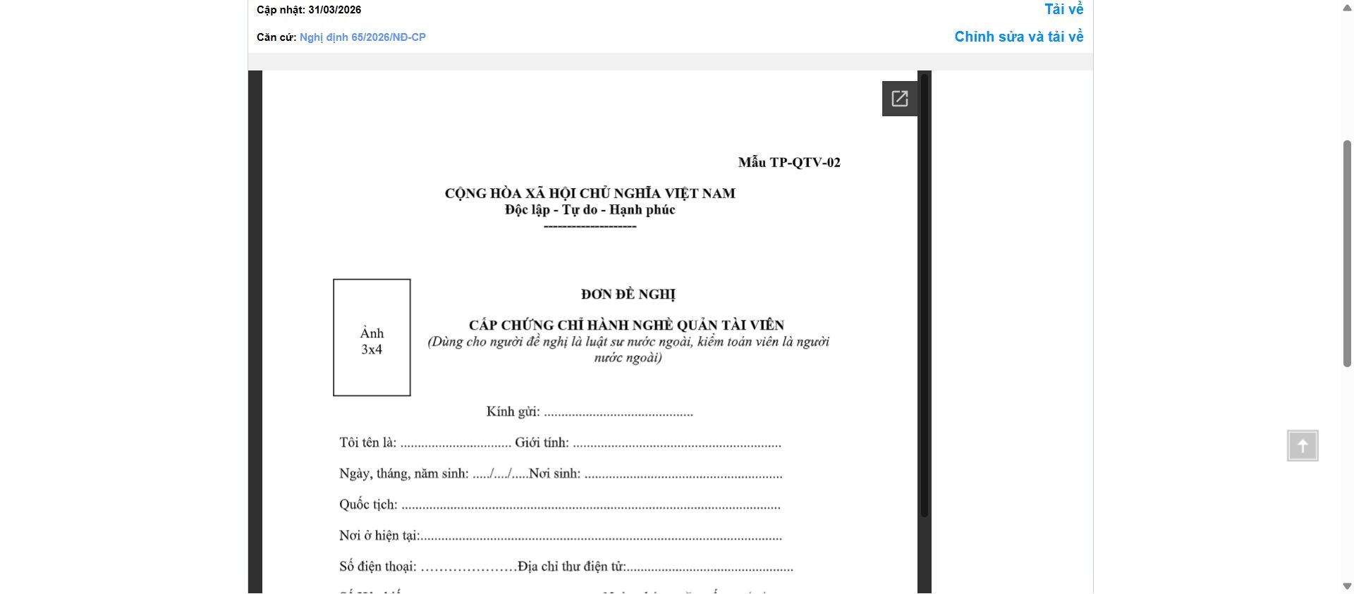 Hình ảnh xem trước Mẫu Đơn Đề Nghị Cấp Chứng Chỉ Hành Nghề Quản Tài Viên (Dùng Cho Người Đề Nghị Là Luật Sư Nước Ngoài, Kiểm Toán Viên Là Người Nước Ngoài)