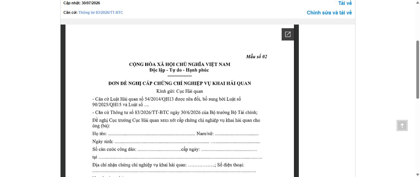 Hình ảnh xem trước Mẫu Đơn Đề Nghị Cấp Chứng Chỉ Nghiệp Vụ Khai Hải Quan