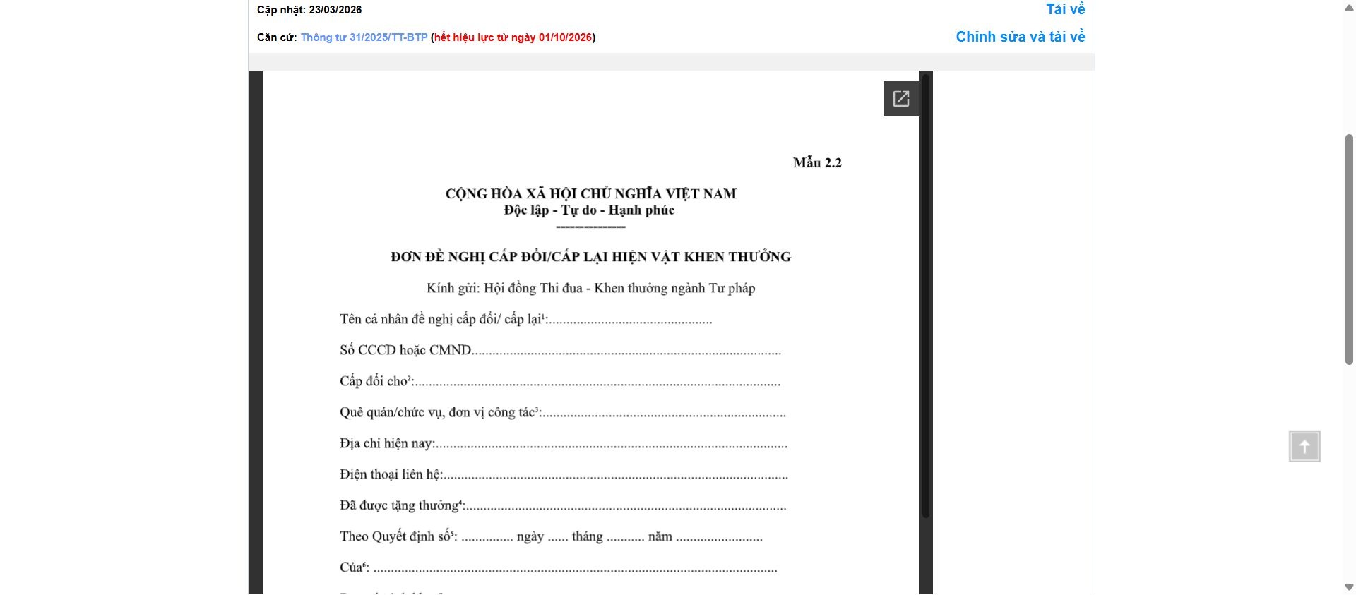 Hình ảnh xem trước Mẫu Đơn Đề Nghị Cấp Đổi/cấp Lại Hiện Vật Khen Thưởng Của Bộ Tư Pháp