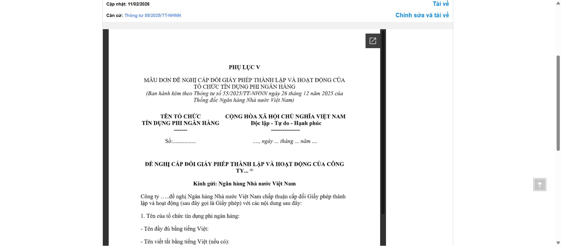 Hình ảnh xem trước Mẫu Đơn Đề Nghị Cấp Đổi Giấy Phép Thành Lập Và Hoạt Động Của Tổ Chức Tín Dụng Phi Ngân Hàng