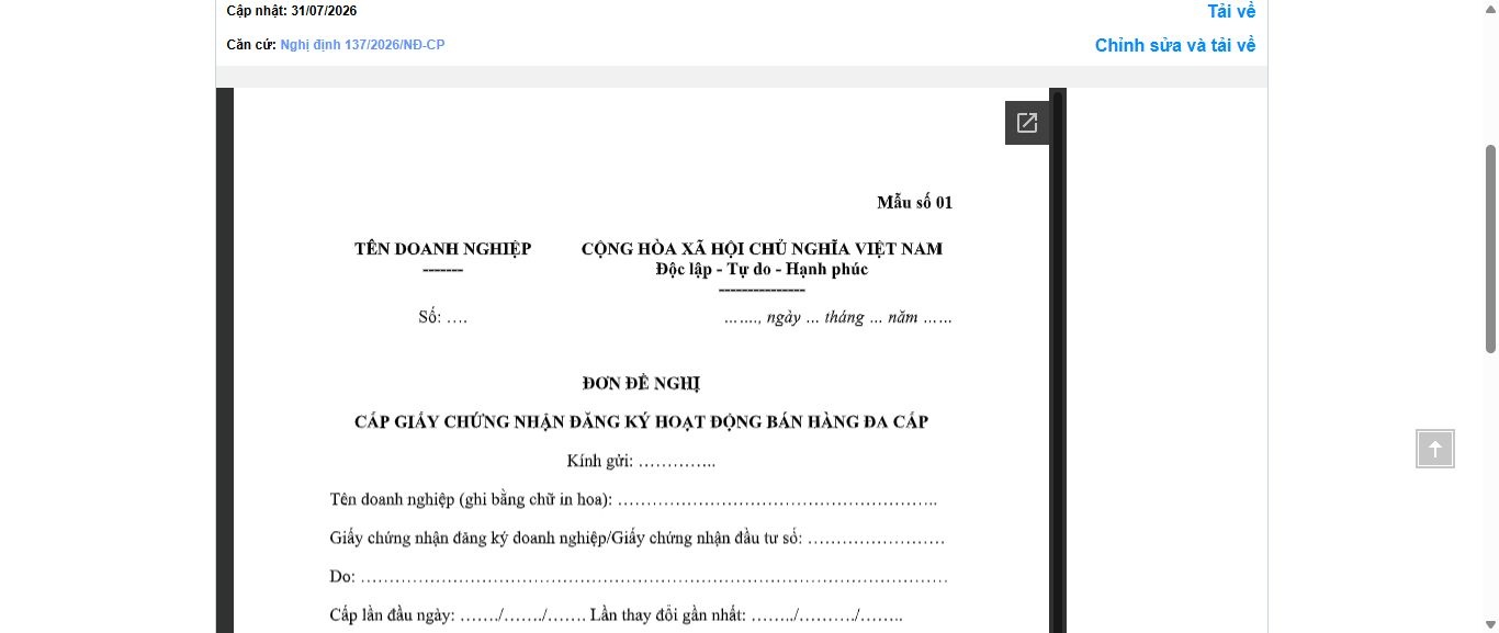 Hình ảnh xem trước Mẫu Đơn Đề Nghị Cấp Giấy Chứng Nhận Đăng Ký Hoạt Động Bán Hàng Đa Cấp