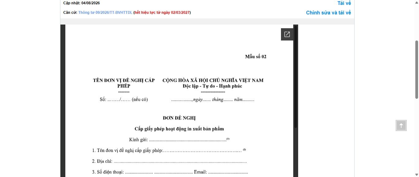Hình ảnh xem trước Mẫu Đơn Đề Nghị Cấp Giấy Phép Hoạt Động In Xuất Bản Phẩm